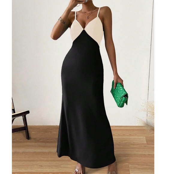 Colorblock Plunging Neck Zipper Cami Strap Slip Maxi Dress - Picture 4 of 7